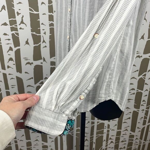 Anthropologie Isabella Sinclair Ivory & Grey Striped Button Down Shirt w Lace Pa - Picture 8 of 14